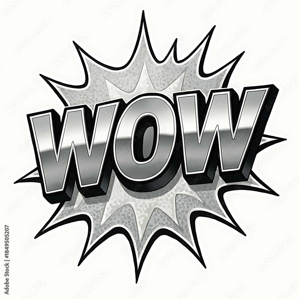 Fototapeta premium Shiny Silver WOW Text in Comic Explosion Bubble.