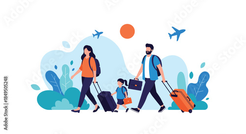 Happy family with a child and luggage walking at the airport, excited for their summer vacation and travel adventure together.