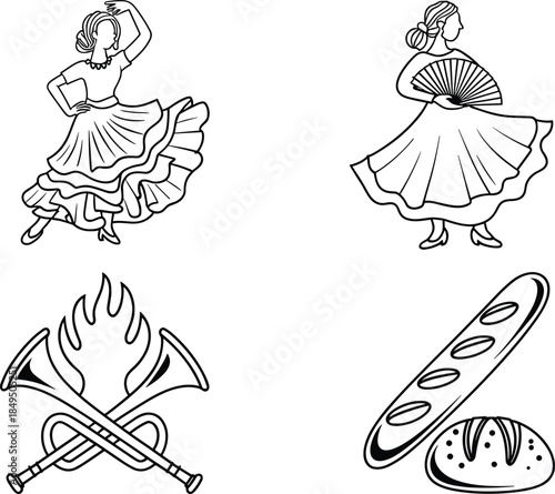 Two Women Dancing with Fans and Musical Instruments