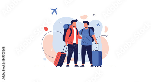 Two young male friends with backpacks and luggage ready to embark on a travel adventure or vacation together at the airport.