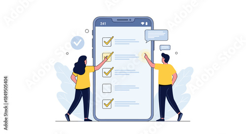 Man and woman collaborate to complete tasks on a giant smartphone screen, ticking off items from a digital checklist or survey.