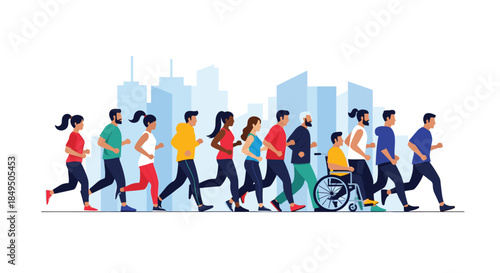 Diverse and inclusive group of people running together in a city marathon, including a person in a wheelchair, promoting health.
