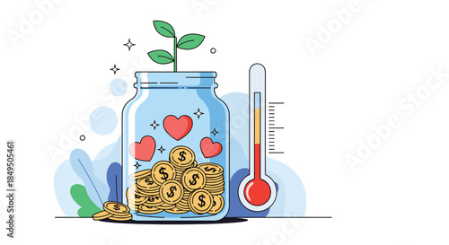 Glass donation jar filled with coins and hearts next to a fundraising thermometer, symbolizing charity, savings, and growth.