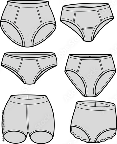 Women’s underwear styles set, black and white line art, fashion garment illustration, lingerie design collection, minimal contour drawing, modern 