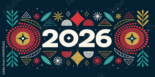 Vibrant 2026 graphic design with colorful geometric patterns