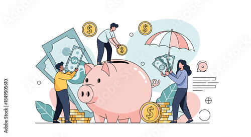 People saving money in a large piggy bank, illustrating financial planning, investment, insurance, and building personal wealth.