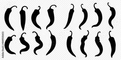 Set of black chili pepper silhouettes isolated on a transparent background, vector illustration of spicy food.