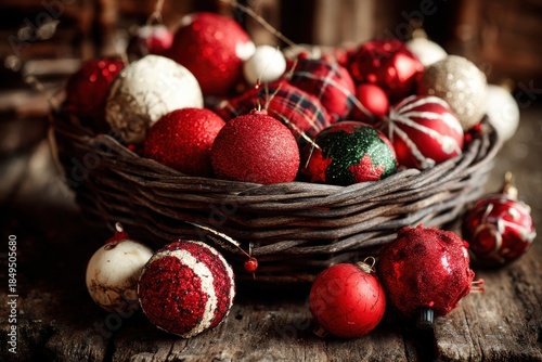 Elegant Red and Gold Christmas Ornaments Displayed in Woven Basket on Rustic Wooden Surface