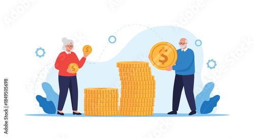 Elderly couple happily managing their retirement savings by stacking large gold coins, representing financial security and planning.