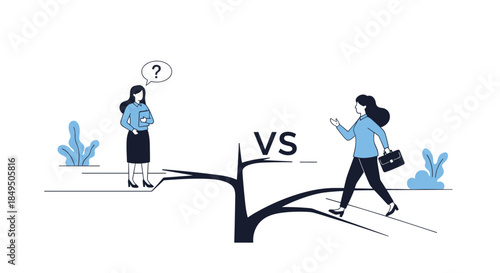 Conceptual illustration showing two businesswomen on different paths, representing choice, career progression, and competition.