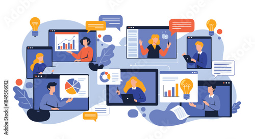 Team of professionals collaborating through various screens in a virtual workspace, holding online meetings and presentations.