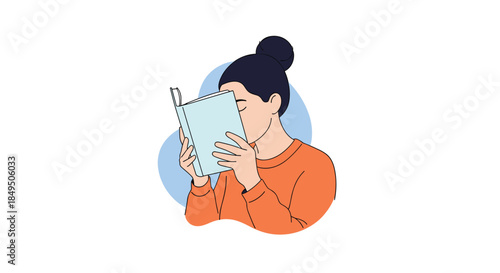 Young woman with her hair in a bun completely absorbed in a book, hiding her face to show deep concentration and immersion.