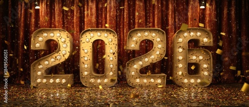 Festive Celebration with Bright Bulb Numbers 2026 Surrounded by Glitter and Confetti on a Colorful Background