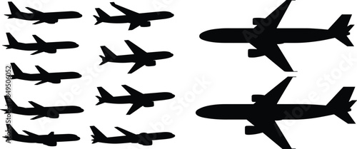 Airplane silhouettes, aircraft icons, aviation vector, flight comparison, plane scale, black shapes, transport design, illustration
