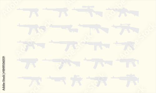 Assault rifle silhouettes set, military firearms collection, modern weapon designs, tactical equipment, black vector illustration