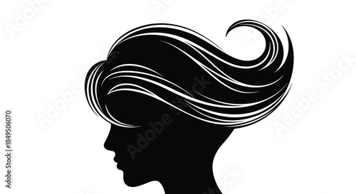 Black and white silhouette of a woman in profile with elegant, flowing, stylized hair, representing beauty, fashion, and style.