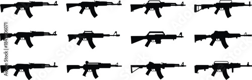 Assault rifle silhouettes, black firearm icons, weapon shape collection, military gun vector set, editable rifle graphics, comparison layout