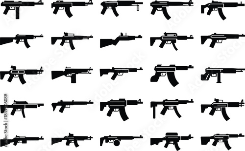Automatic weapon silhouette set modern assault rifles and submachine guns military firearm illustration collection