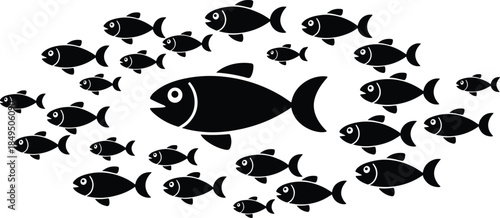 Big fish leading small fish silhouette teamwork leadership success business concept illustration collection designBig fish leading small fish silhouette 