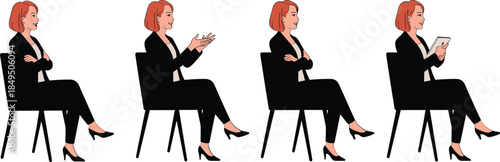 Businesswoman sitting poses, cartoon illustration, professional attire, body language gestures, confident posture, workplace communication, interview 
