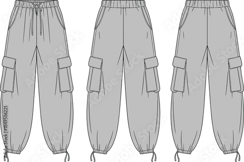 Cargo jogger pants front back side views elastic waist pockets, CAD streetwear flat vector illustration fashion apparel