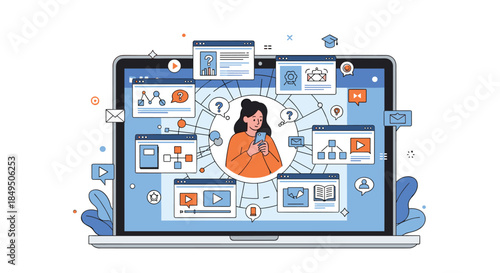 Woman on a phone navigates a complex web of information, apps, and e-learning platforms on a large laptop screen for her work.