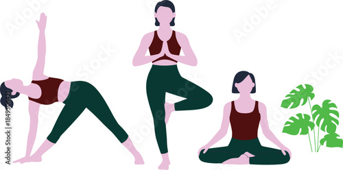 Women practicing yoga in triangle, tree, and meditation poses, wellness and fitness vector illustration with indoor plants, mindfulness, calm lifestyle, and balance