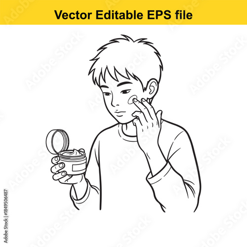  vector illustration of a boy applying cream to his face with a compact mirror