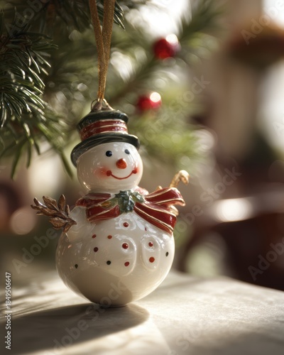 Charming Snowman Ornament Hanging on a Christmas Tree Branch with Warm Lighting and Festive Decor