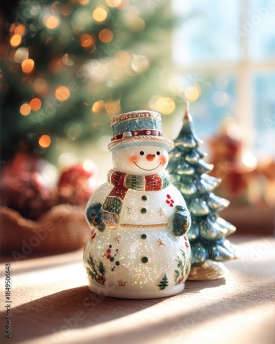 Cheerful snowman figurine with colorful scarf beside decorated Christmas tree and warm holiday ambiance