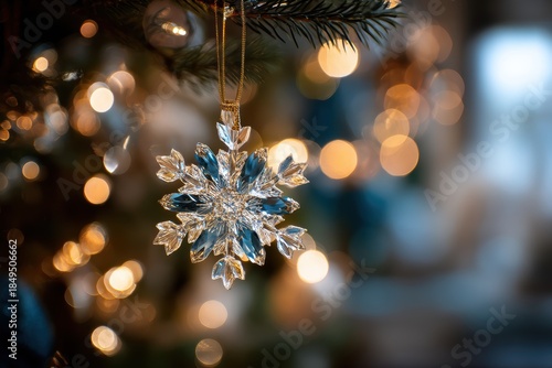 Delicate Crystal Snowflake Ornament Hanging on a Christmas Tree with Warm Bokeh Lights in the Background