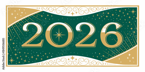 Emerald green and gold vector for 2026 with premium tones, elegant accents, and a refined celebration mood.