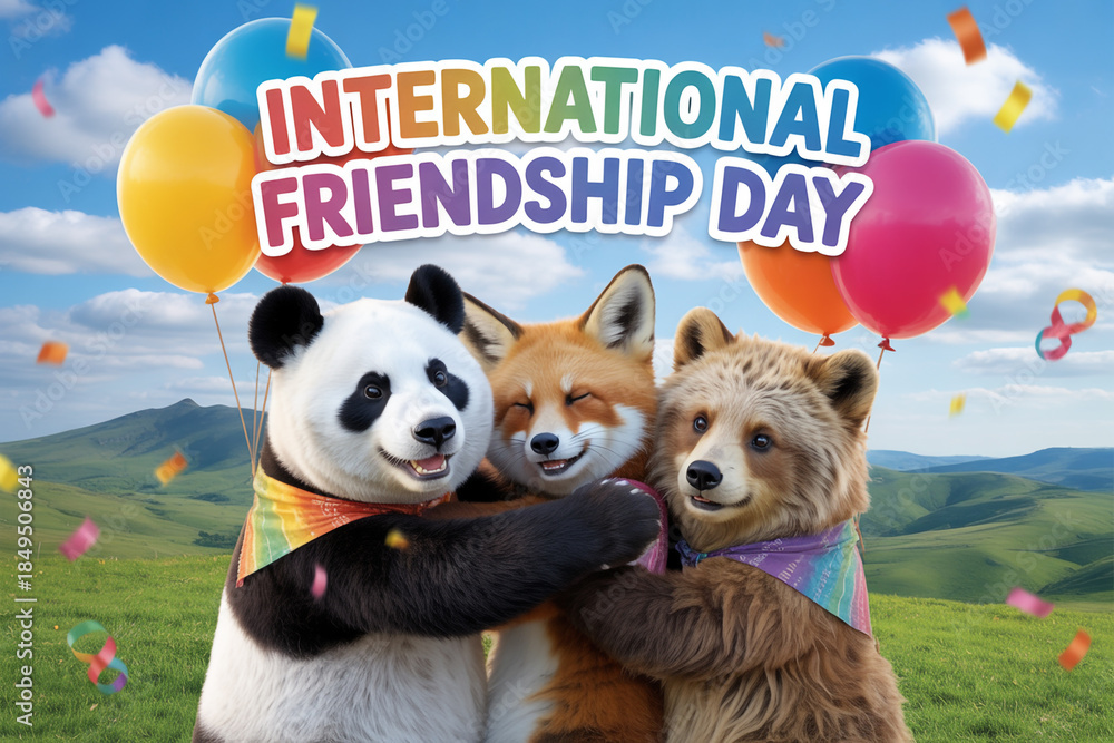 Obraz premium Celebrate International Friendship Day with adorable panda, fox, and bear friends hugging under colorful balloons and confetti for heartwarming social media posts