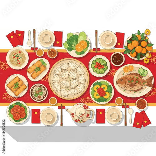 Flat lay of a traditional Chinese New Year dinner table with various dishes and decorations on a red tablecloth with golden accents.