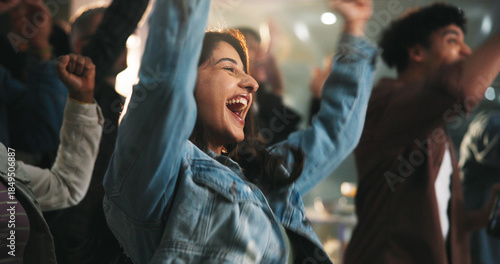 Photos Fans, woman and cheering with celebration in pub for match goal, team victory and entertainment