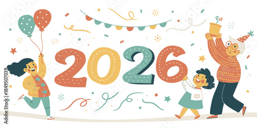 Happy family celebrating new year 2026 with colorful decorations
