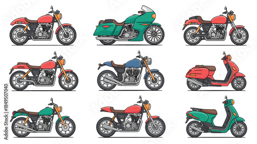 Vector Illustration of a Variety of Motorbikes Classic, Cruiser, and Scooter Styles