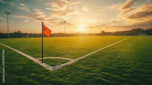 Soccer field corner with red flag under golden sunset