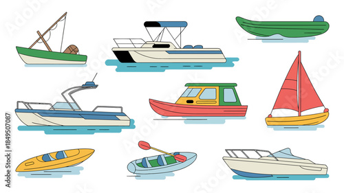 Variety of Boats Illustration Fishing, Motor, Sail, Kayak, and Canoe Vessels Collection