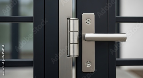 Modern metal door detail with brushed handle and industrial style hinge