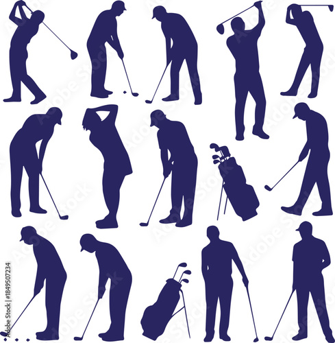 Golf Player Silhouette Icon Set – Professional Golfer Action Poses Vector