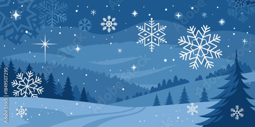 Serene winter landscape with snowflakes falling gently