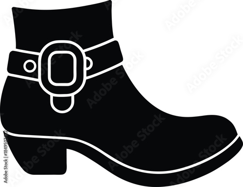 Black silhouette of a leprechaun boot with curled pointed toe and buckle detail on white background