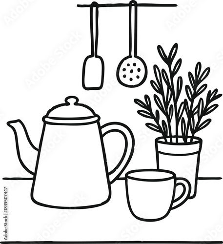 Kitchen counter with teapot mugs and herbs