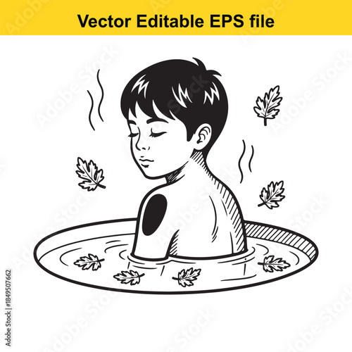 vector illustration of a boy sitting in a warm leafy bath water with steam rising