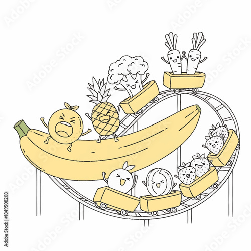 Fruity rollercoaster adventure with happy characters
