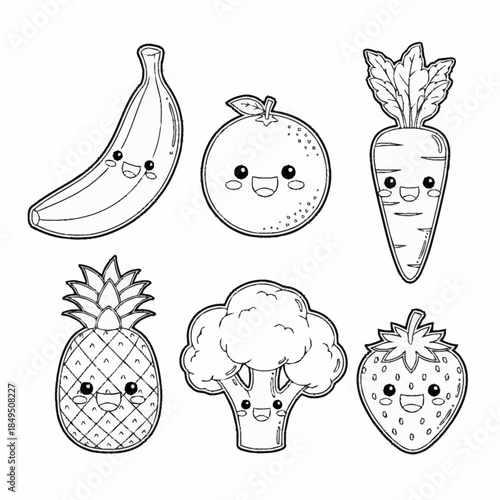 Playful kawaii cartoon fruits and vegetables with happy faces