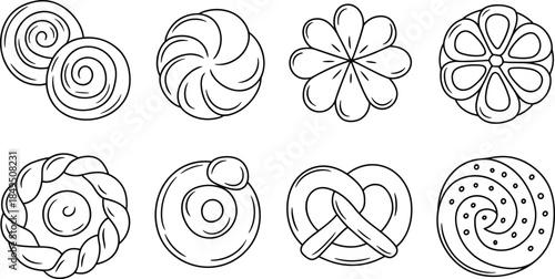 Various Stylized Pretzel and Bread in Black and White Line