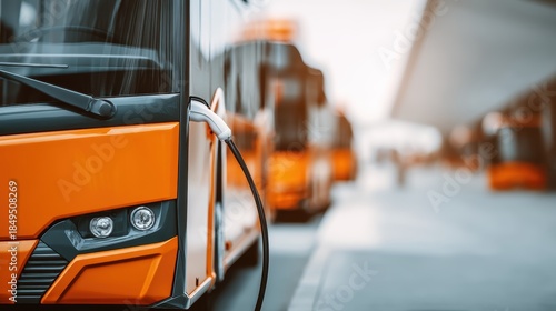 Electric bus charging station with orange modern buses lined up in a city setting during daylight