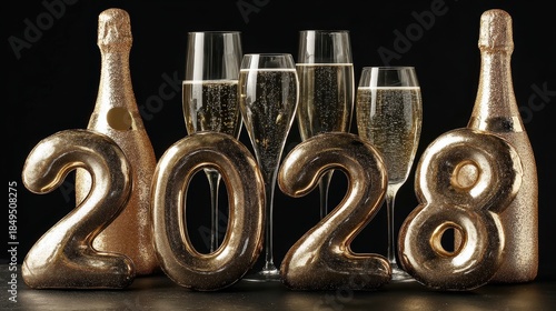 Elegant Celebration of New Year 2028 with Bubbly Champagne and Golden Decor in Stylish Setting
